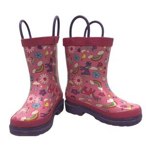 Lily and Dan Rain Boots Snow Unicorn Pink Rubber Pull Handles Little Girls 5 6